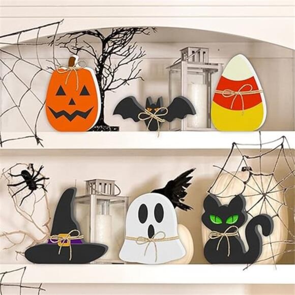 6PCS Halloween Wooden Signs - Pumpkin, Ghost, Bat, Cat, Witch‎ Hat, Candy Corn - Picture 8 of 8